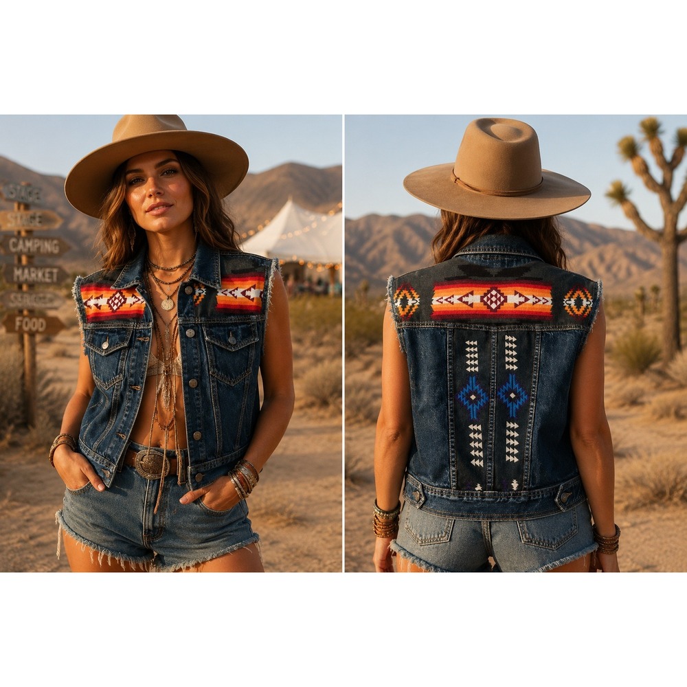 Meoshe Sport Vintage VTG Southwestern Aztec Fleece Denim Vest Raw Edge Medium